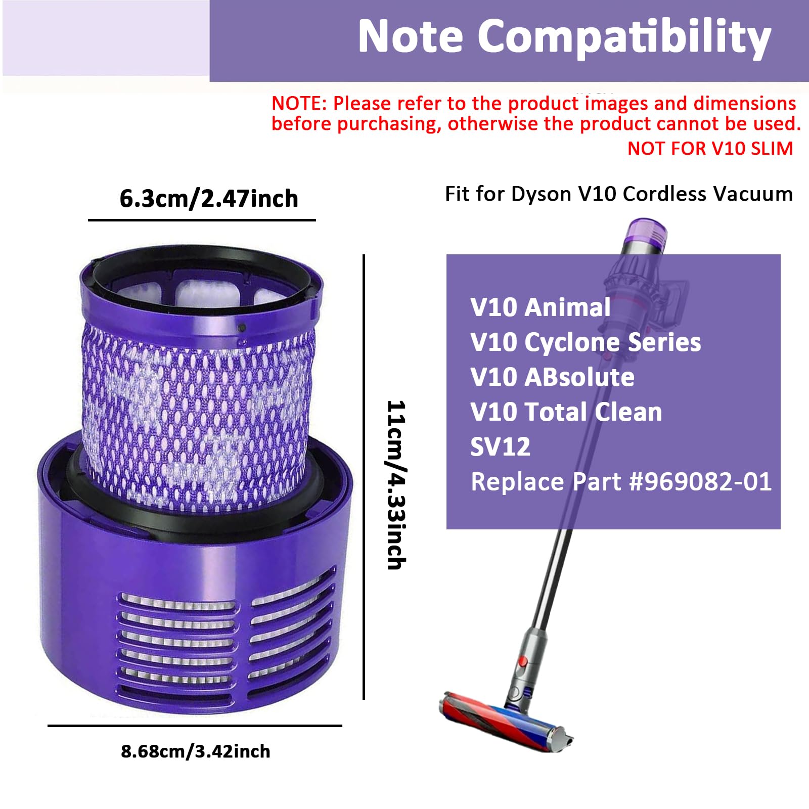 S*U様 Dyson CYCLONE V10 MOTORHEAD Dyson için 2 paket V10 filtre, Dyson V10 Cyclone Serisi Absolute
